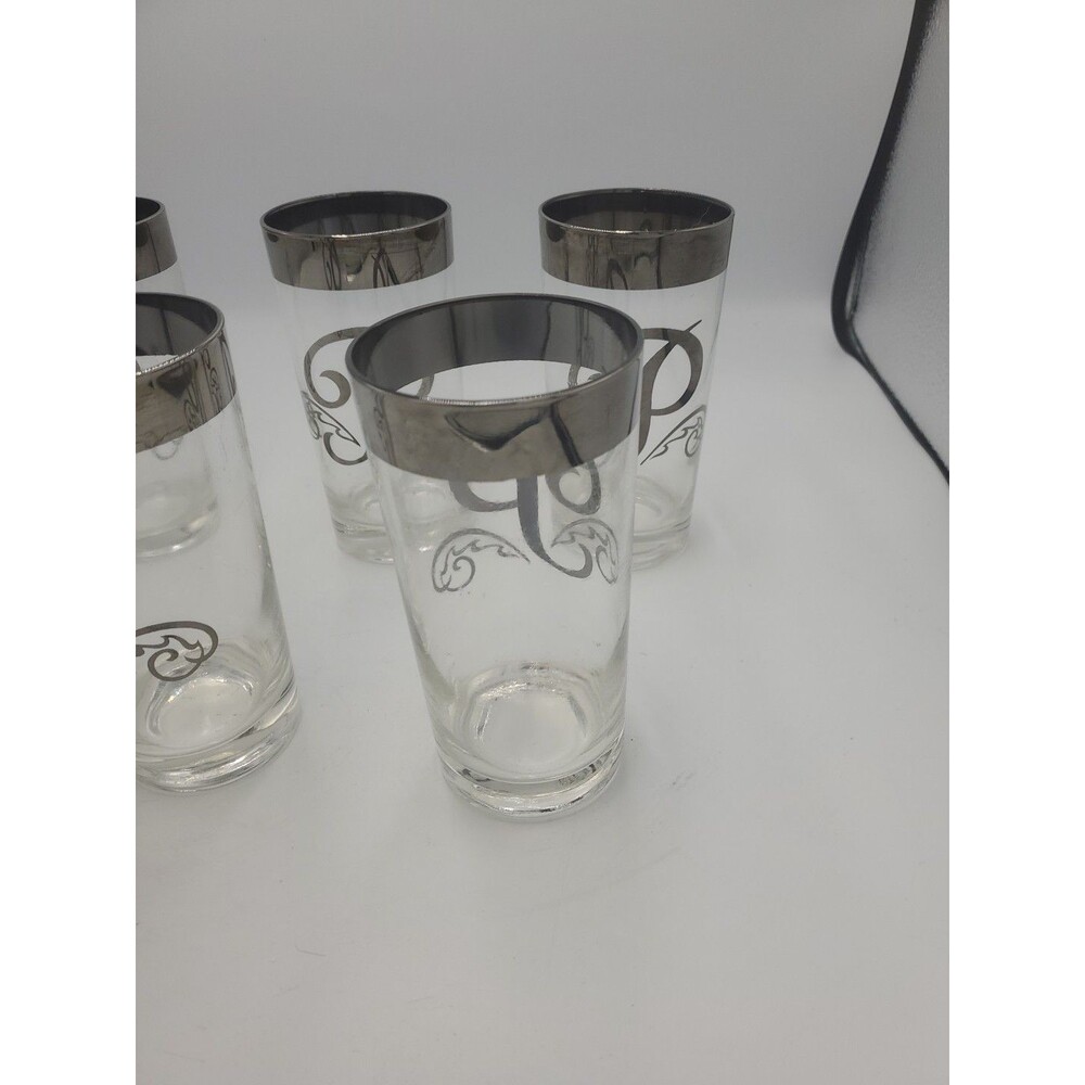 5 Highball Glass Monogram Platinum" style, silver rim and an "P" initial - Picture 4 of 7